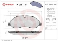 BALATA BREMBO FORD TRANSIT 2015-2022, TRANSIT CUSTOM 2016-2020; INFORMACION TECNICA: ANCHURA: 172MM, ESPESOR: 17MM, ALTURA: 66MM, SISTEMA DE FRENOS: BOSCH, INDICADOR DE DESGASTE: ELECTRICO, ACCESORIOS: CON ACCESORIOS, CON PLACA ANTIRRUIDO, CON PERNOS PARA PINZA DE FRENO, EJE: DELANTERO, FORMULA: LOW-MET, WVA: 22034, FMSI: 9004-D1774, BREMBO: P24171 BREMBO