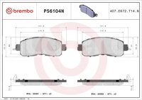 BALATA BREMBO NISSAN ALTIMA 2013-2022; INFORMACION TECNICA: ANCHURA: 142MM, ESPESOR: 16MM, ALTURA: 56MM, SISTEMA DE FRENOS: SUMITOMO, INDICADOR DE DESGASTE: SIN, ACCESORIOS: CON ACCESORIOS, CON PLACA ANTIRRUIDO, CON CLIP DE PISTON, EJE: DELANTERO, FORMULA: NAO, WVA: 25581, 25582, FMSI: 8878-D1650, BREMBO: P56104N BREMBO