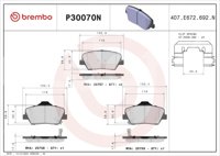 BALATA BREMBO HYUNDAI CRETA 2017-2019, SANTA FE SPORT 2017-2018; KIA SELTOS 2020-2023, SORENTO 2016-2020; INFORMACION TECNICA: ANCHURA: 133MM, ESPESOR: 18MM, ALTURA: 60MM, SISTEMA DE FRENOS: MANDO, INDICADOR DE DESGASTE: ACUSTICO, ACCESORIOS: CON PLACA ANTIRRUIDO, EJE: DELANTERO, FORMULA: NAO, WVA: 25757, 25758, 25759, FMSI: 8549-D1432, 8549-D1687, 8549-D1815, BREMBO: P30070N BREMBO