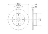 DISCO SOLIDO PERFORMANCE TRASERO VOLKSWAGEN CORRADO 1.8L 1988-1993, DERBY III CLASSIC 1.8/2.0L 1997-2003, GOLF II 1.8L 1984-1991, GOLF III 1.8/2.0L 1991-1998, GOLF IV CABRIOLET 1.8/2.0L 1998-2002, JETTA II 1.8L 1984-1992, JETTA III 1.8/2.0L 1991-1998, PASAT B3/B4 2.0L 1988-1996; SIN REVESTIMIENTO; PARAMETROS: TIPO: MACIZO, DIAMETRO EXTERIOR: 226MM, ESPESOR: 10MM, ALTURA: 71.2MM, ESPESOR MINIMO: 8MM, DIAMETRO INTERIOR: 121MM, CORONA DE AGUJEROS: 100MM, DIAMETRO DE CENTRADO: 39.8MM, DISEÑO/CANTIDAD DE TALADROS: 04/04, DIAMETRO DE ORIFICIO PARA PERNO DE RUEDA: 12MM, PESO: 4.4KG, CON BUJE DE RUEDA, SIN COJINE TERUEDA, SIN PERNO DE SUJECION DE RUEDA, HELLA: 8DD355124-581, 355124581 HELLA