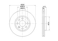 DISCO VENTILADO PERFORMANCE DELANTERO CHEVROLET CORSA 1.8L 2002-2005; SIN REVESTIMIENTO; PARAMETROS: TIPO: VENTILACION INTERNA, DIAMETRO EXTERIOR: 260MM, ESPESOR: 24MM, ALTURA: 41.1MM, ESPESOR MINIMO: 22.4MM, DIAMETRO INTERIOR: 125.8MM, CORONA DE AGUJERO: 100MM, DIAMETRO DE CENTRADO: 60MM, DISEÑO/CANTIDAD DE TALADROS: 04/07, DIAMETRO DE ORIFICIO PARA PERNO DE RUEDA: 14.2MM, PESO: 5.2KG, SIN BUJE, SIN COJINETE RUEDA, SIN PERNO DE SUJECION DE RUEDA, HELLA: 8DD355129-941, 355129941 HELLA