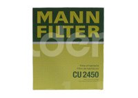 FILTRO CABINA AUDI A4 L4 1.8L 2010-2015; A4 L4 2.0L  2010-2015, 2020-2021; A4 QUATTRO L4 1.8L 2011-2015; A4 QUATTRO L4 2.0L 2010-2015; A4 QUATTRO V6 3.0L 2013-2015; A4 QUATTRO V6 3.2L 2010-2012; A5 L4 1.8L 2012-2014; A5 L4 2.0L 2010-2016; A5 V6 3.2L 2008-2011;  A5 QUATTRO L4 2.0L 2010-2016, 2020-2021; A5 QUATTRO V6 3.2L 2008-2011; A5 SPORTBACK L4 2.0L 2020-2021; A6 L4 2.0L 2012; A6 V6 2.8L 2012; Q5 L4 2.0L 2009-2012, 2015-2017; Q5 V6 3.0L 2010-2013, 2015-2017; Q5 V6 3.2L 2009-2012; RS5 V8 4.2L 2013-2016; S4 V6 3.0L 2010-2012; S5 V6 3.0L 2012-2016; S5 V8 4.2L 2008-2011; SQ5 V6 3.0L 2015-2018; PORCHE MACAN V6 2.9L 2020-2021; MACAN V6 3.0L 2015-2019; MACAN V6 3.6L 2015-2018 CU2450 MANN FILTER
