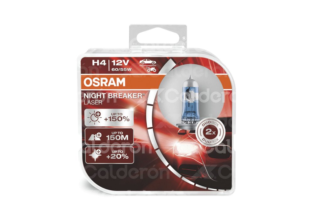 FOCO OSRAM NIGHT BREAKER LASER H4/9003 DELANTERO 12V 60/55W P43T HALOGENO (2 PIEZAS), LUZ BLANCA, FLUJO LUMINOSO: 1650/1000ML, LUMENES TEMPERATURA: 3900K, VIDA UTIL: 500HR. AM090842202 86864 OSRAM