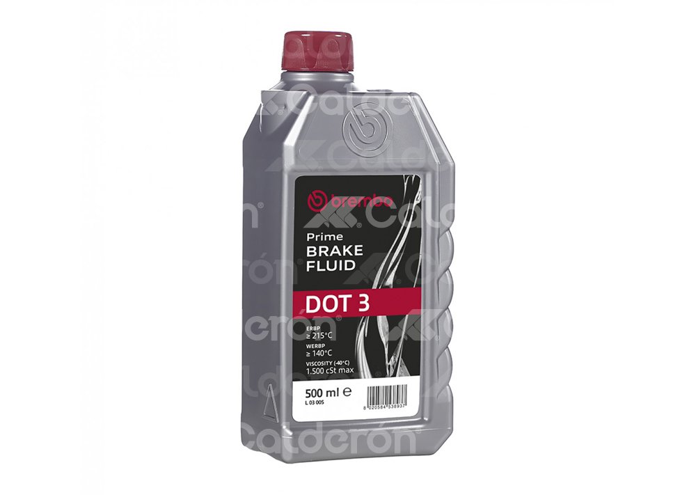 LIQUIDO DE FRENOS BREMBO DOT 3 500 ML, PUNTO DE EBULLICION SECO: 215°C, PUNTO DE EBULLICIN EN HUMEDO: 140°C, VISCOSIDAD 1.500CST MAX, BASE GLYCOL, BREMBO: L03005 BREMBO