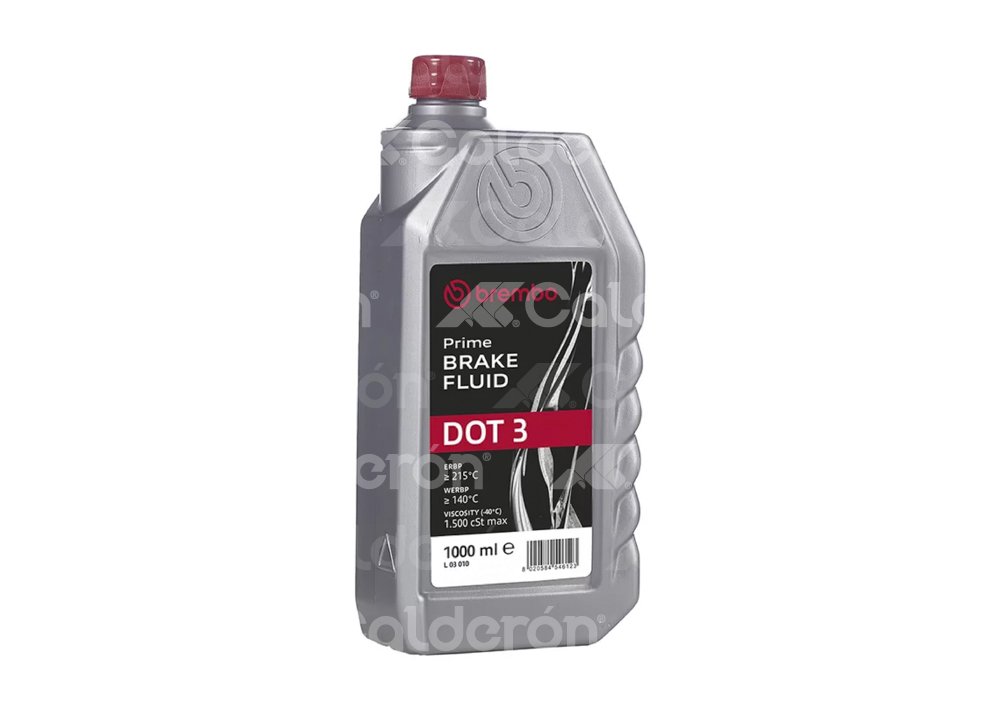 LIQUIDO DE FRENOS BREMBO DOT 3 1 LITRO, PUNTO DE EBULLICION SECO: 215°C, PUNTO DE EBULLICION EN HUMEDO: 140°C, VISCOSIDAD 1.500 CST MAX, BASE GLYCOL, BREMBO: L03010 BREMBO