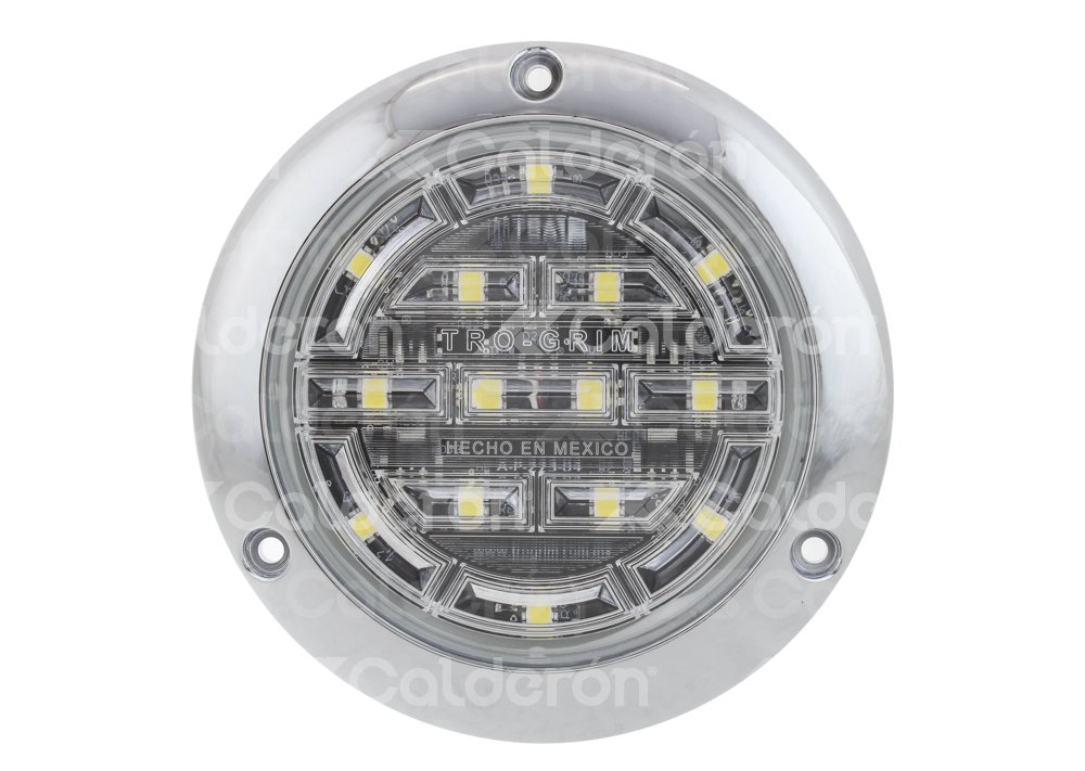 PLAFON SELLADO REDONDO ULTRAPLANO 4" BLANCO, BISEL CROMADO (ABS), 14 LEDS, FUNCION: ALTA Y BAJA, VOLTAJE: 12/24V, AMPERS: 0.230, LUMENS: 103, DIMENSIONES: (DIAMETRO: 142MM, PROFUNDIDAD: 14MM) TROGRIM: PL-273CR-04-B TROGRIM