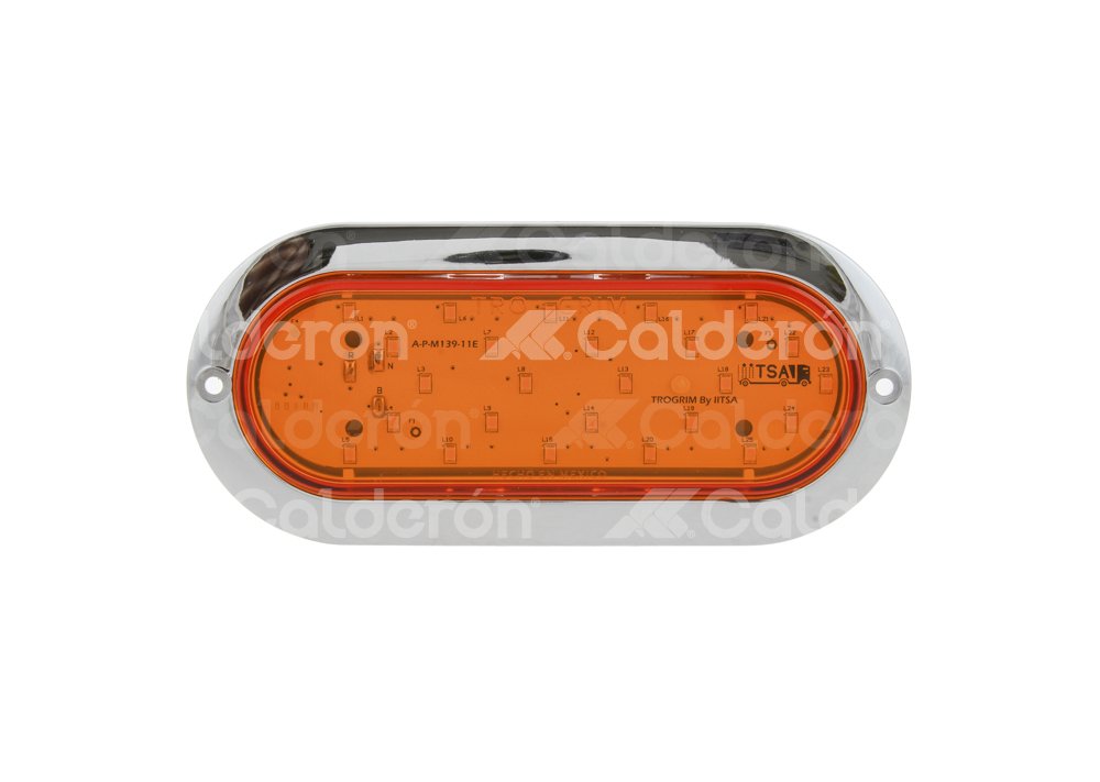 PLAFON OVALADO CROMADO AMBAR, 25 LEDS, FUNCION: DIRECCIONAL (FLECHA), POSICION: DERECHA, MATERIAL: PMMA/ABS, VOLTAJE: 12/24V, AMPERS: 0.460, FMVSS: P2/P3, LUMENS: 207, DIMENSIONES: (LARGO 194MM, ANCHO: 87MM, PROFUNDIDAD: 36MM) TROGRIM: PL-139CR-12-AD TROGRIM
