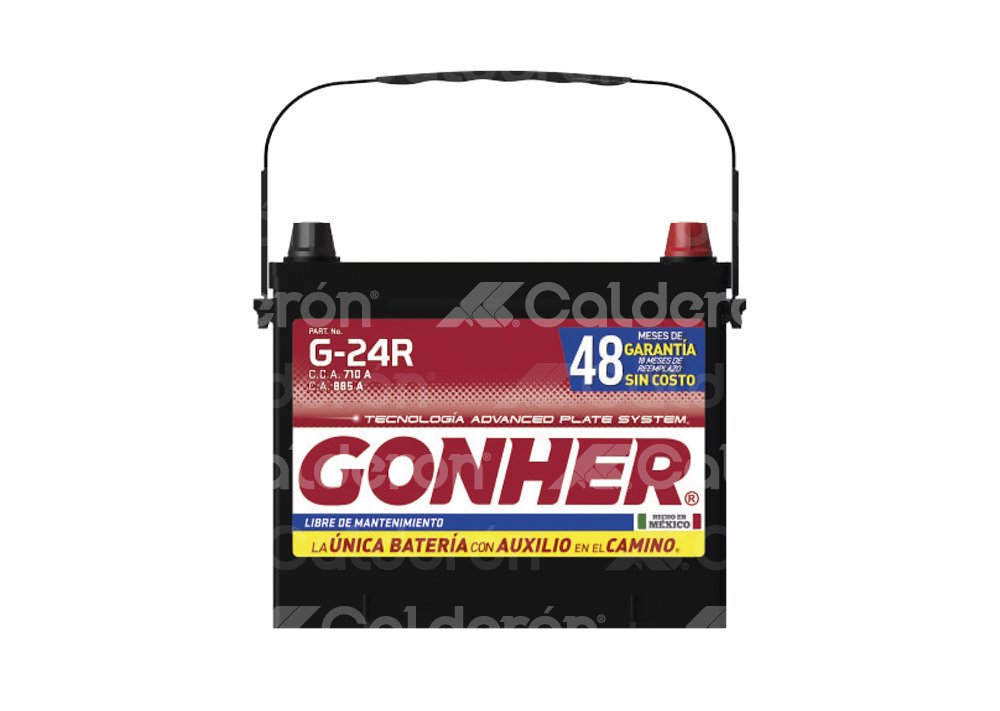 BATERIA AUTOMOTRIZ GONHER TIPO G-24R
VOLTAJE: 12V, CAPACIDAD DE ARRANQUE EN FRIO -18°C (CCA): 710A, CAPACIDAD DE RESERVA A 27°C (RC): 125 MINUTOS, CAPACIDAD DE ARRANQUE A 0°C (CA): 885A, CAPACIDAD AMPER-HORA: 75AH, COMPOSICION OPERATIVA: PLOMO-ACIDO / (PbCa+, PbCa-), USO: S.L.I. (ARRANQUE, LUCES, IGNICION), APLICACION: SERVICIO AUTOMOTRIZ, DIMENSIONES: LARGO: 25.4CM, ANCHO: 17.1CM, ALTO: 22.9CM, PESO: 20.50KG GONHER