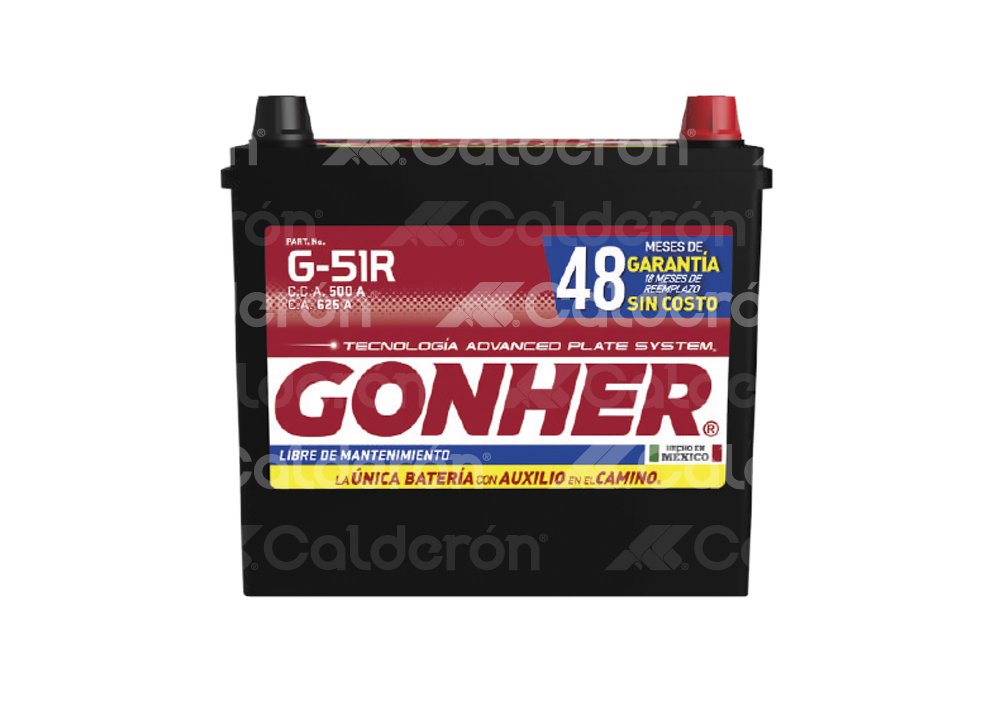 BATERIA AUTOMOTRIZ GONHER TIPO G-51R
VOLTAJE: 12V, CAPACIDAD DE ARRANQUE EN FRIO -18°C (CCA): 500A, CAPACIDAD DE RESERVA A 27°C (RC): 85 MINUTOS, CAPACIDAD DE ARRANQUE A 0°C (CA): 625A, CAPACIDAD AMPER-HORA: 50AH, COMPOSICION OPERATIVA: PLOMO-ACIDO / (PbCa+, PbCa-), USO: S.L.I. (ARRANQUE, LUCES, IGNICION), APLICACION: SERVICIO AUTOMOTRIZ, DIMENSIONES: LARGO: 22.9CM, ANCHO: 12.1CM, ALTO: 21.8CM, PESO: 13.50KG, POLARIDAD: (-) / (+) GONHER