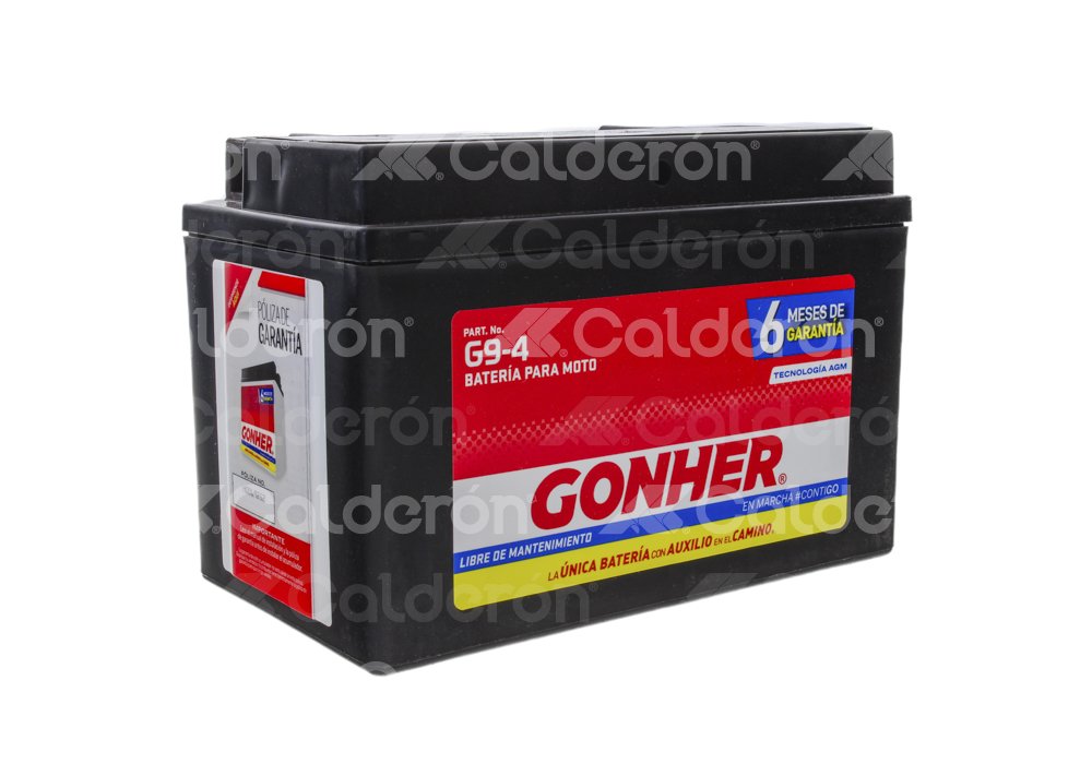 BATERIA MOTO AGM (LIBRE DE MANTENIMIENTO) GONHER G9-4
VOLTAJE: 12V, CCA A -18°C: 120AMPER, AMPERES/HORA: 8AH, TIPO TERMINAL: A
DIMENSIONES: LARGO: 150MM, ANCHO: 87MM, ALTO: 105MM, PESO: 3.00KG, POLARIDAD POSTES: +/- GONHER