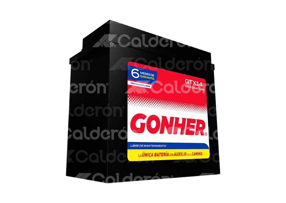 BATERIA MOTO AGM (LIBRE DE MANTENIMIENTO) GONHER GTX14
VOLTAJE: 12V, CCA A -18°C: 200AMPER, AMPERES/HORA: 12AH, TIPO TERMINAL: A 
DIMENSIONES: LARGO: 150MM, ANCHO: 87MM, ALTO: 145MM, PESO: 4.31KG, POLARIDAD POSTES: +/- GONHER