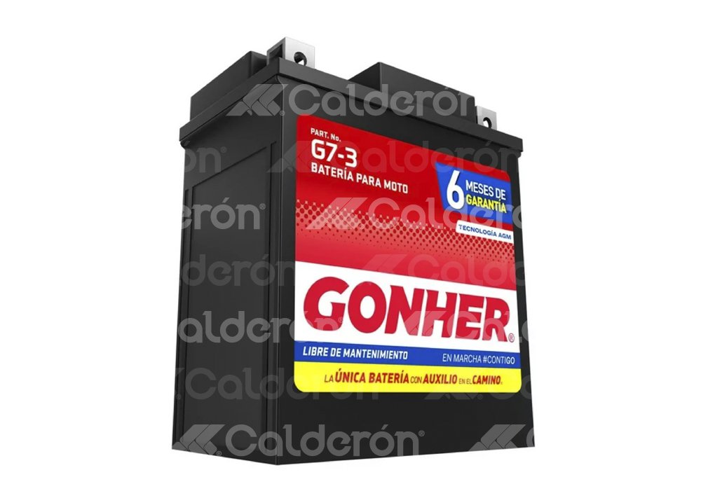 BATERIA MOTO AGM (LIBRE DE MANTENIMIENTO) GONHER G7-3
VOLTAJE: 12V, CCA A -18°C: 85AMPER, AMPERES/HORA: 6AH, TIPO TERMINAL: A
DIMENSIONES: LARGO: 113MM, ANCHO: 70MM, ALTO: 130MM, PESO: 2.31KG, POLARIDAD POSTES: -/+ GONHER