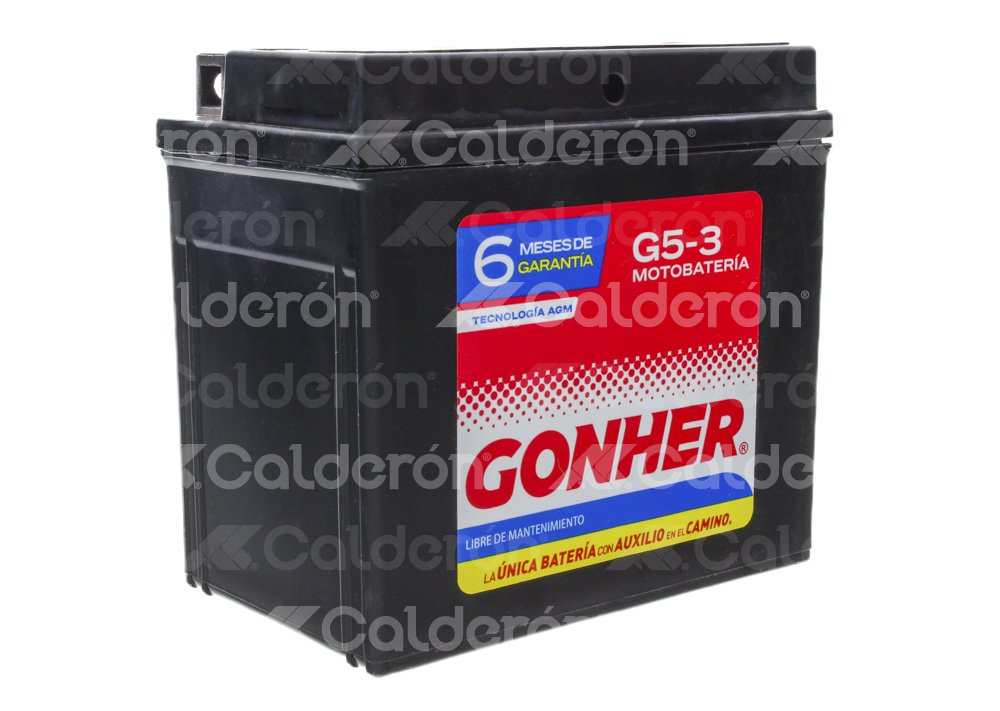 BATERIA MOTO AGM (LIBRE DE MANTENIMIENTO) GONHER G5-3
VOLTAJE: 12V, CCA A -18°C: 70AMPER, AMPERES/HORA: 4AH, TIPO TERMINAL: A
DIMENSIONES: LARGO: 113MM, ANCHO: 70MM, ALTO: 105MM, PESO: 1.80KG, POLARIDAD POSTES: -/+ GONHER
