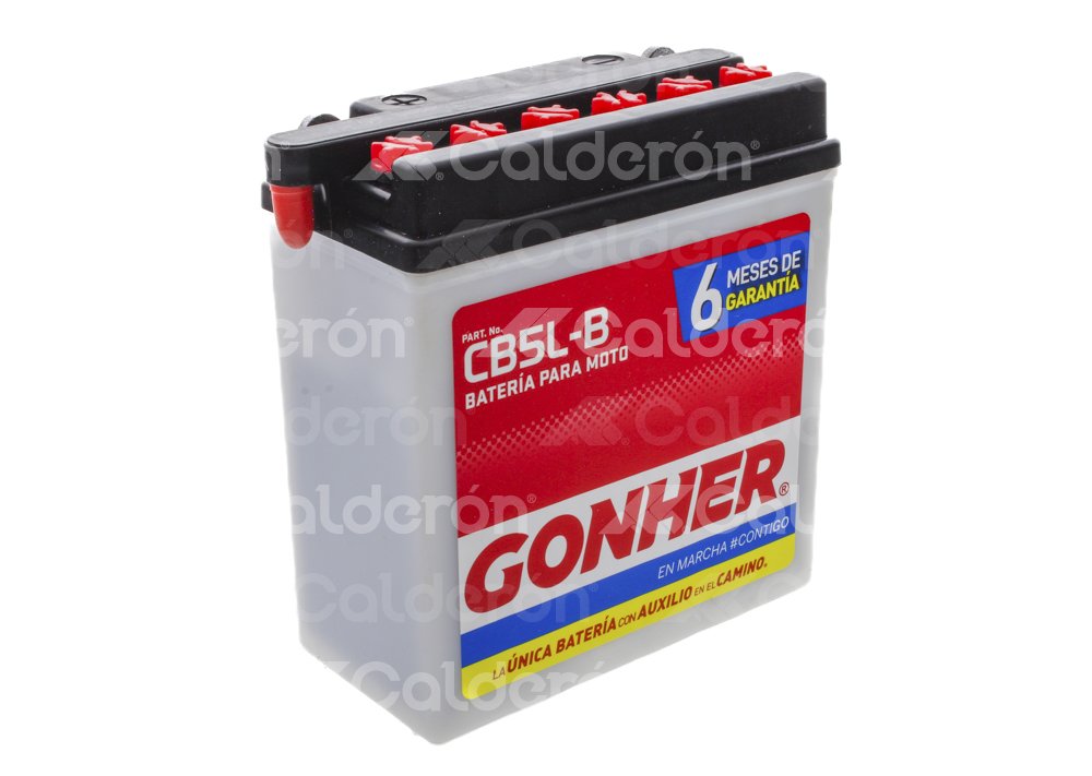 BATERIA MOTO CONVENCIONAL GONHER CB5L-B 
VOLTAJE: 12V, CCA A -18°C: 55AMPER, AMPERES/HORA: 5AH, TIPO TERMINAL: B
DIMENSIONES: LARGO: 120MM, ANCHO: 61MM, ALTO: 130MM, PESO CON ELECTROLITO: 2.12KG, PESO SIN ELECTROLITO: 1.59KG POLARIDAD POSTES: -/+ GONHER