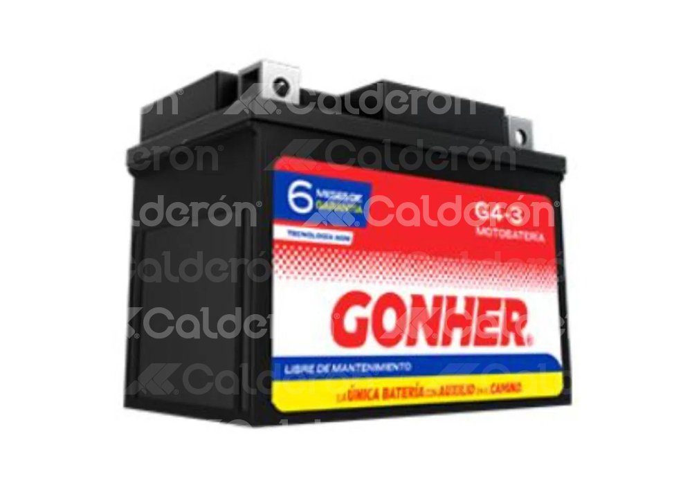 BATERIA MOTO AGM (LIBRE DE MANTENIMIENTO) GONHER G4-3
VOLTAJE: 12V, CCA A -18°C: 50AMPER, AMPERES/HORA: 3AH, TIPO TERMINAL: A
DIMENSIONES: LARGO: 113MM, ANCHO: 70MM, ALTO: 85MM, PESO: 1.42KG, POLARIDAD POSTES: -/+ G4-3 GONHER