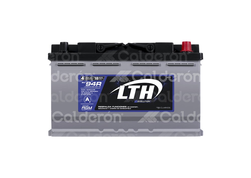 BATERIA LTH L-94R(LN4)-850 AGM, 
REFERENCIA : EN, BCI: 94R, AMPERES/HORA (AH): 80AH, VOLTAJE: 12V, CAPACIDAD DE ARRANQUE EN FRIO (CCA): 850A, CAPACIDAD ARRANQUE (CA): 1062A, CAPACIDAD RESERVA (CR): 140 MINUTOS, POLARIDAD POSTE AL FRENDE (IZQ/DER): (-)/(+), LARGO: 315MM, ALTO: 190MM, ANCHO: 175MM, PESO HUMEDO: 24.291KG, TIPO: LTH AGM LTH