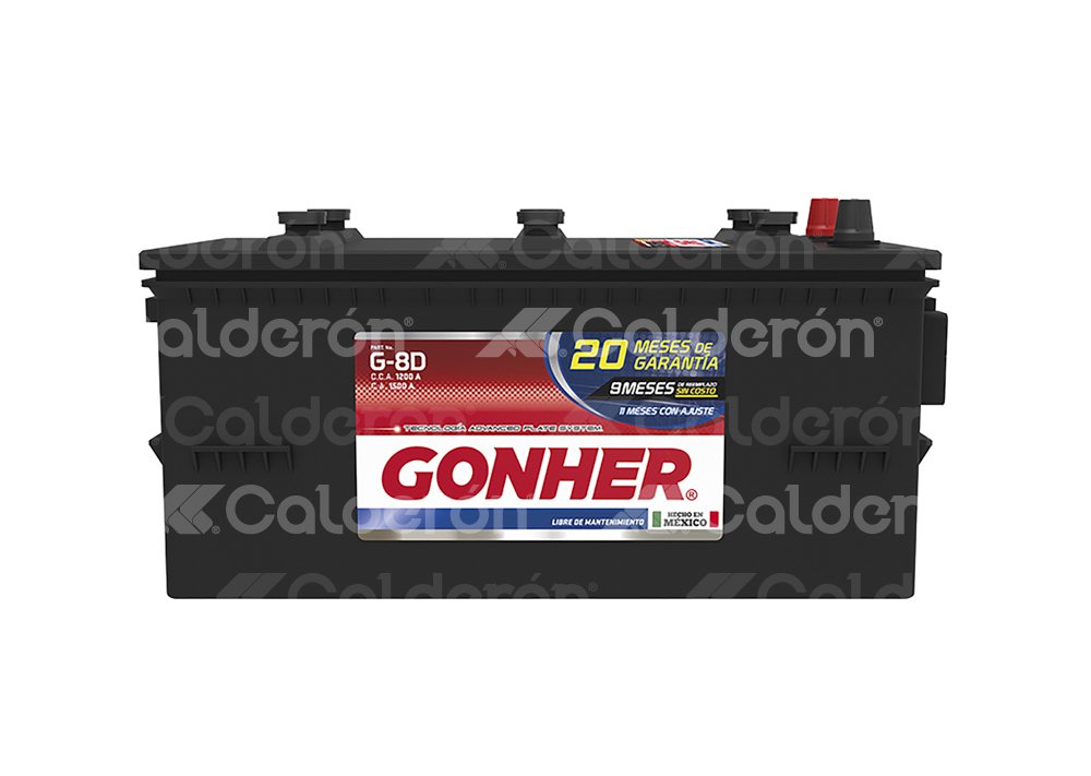 BATERIA EQUIPO PESADO GONHER TIPO G-8D
VOLTAJE: 12V, CAPACIDAD DE ARRANQUE EN FRIO -18°C (CCA): 1200A, CAPACIDAD DE RESERVA A 27°C (RC): 380 MINUTOS, CAPACIDAD DE ARRANQUE A 0°C (CA): 1500A, CAPACIDAD AMPER-HORA: 180AH, COMPOSICION OPERATIVA: PLOMO-ACIDO / (PbCa+, PbCa-), USO: S.L.I. (ARRANQUE, LUCES, IGNICION), APLICACION: SERVICIO PESADO, DIMENSIONES: LARGO: 52.5CM, ANCHO: 27.8CM, ALTO: 25.0M, PESO: 56.00KG, POLARIDAD: (-) / (+) GONHER